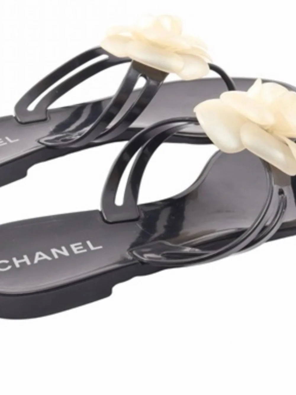 CHANEL Black Jelly Thong Sandals with Cream Camellia